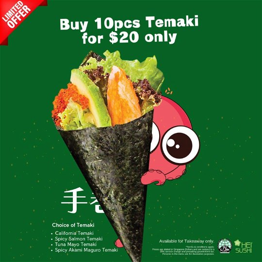 Indulge in 10pcs of Temaki roll for only $20!